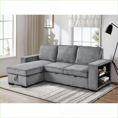 Sectional Sofas | Modern L-Shaped Pull Out Sleeper Sofa with Storage Chaise, USB Port for Living Room | Upholstered | Dark Grey