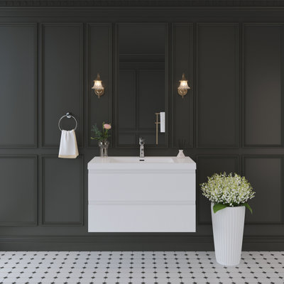 Meuble-lavabo flottant de 36 po avec lavabo, meuble-lavabo mural moderne avec lavabo à surface solide et tiroirs à fermeture en douceur, blanc brillant 24V11-36GW + 24V11-60SGW