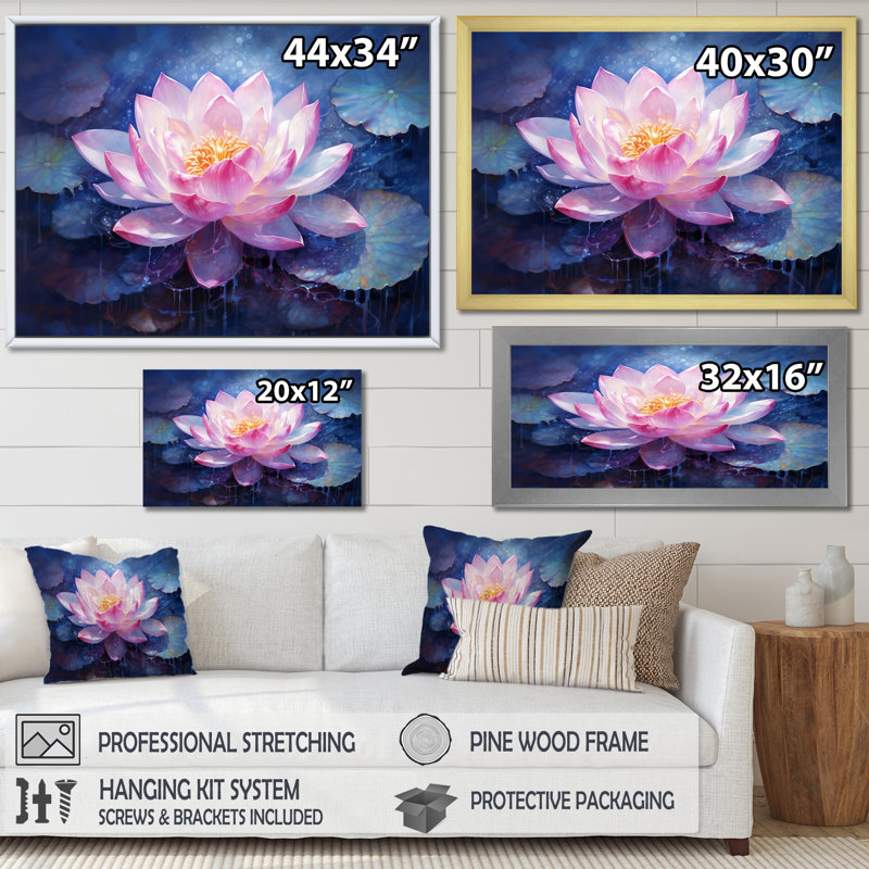 Lotus luminescence sur toile, Cadre flottant doré, H 24 po x l 32 po x P 1 po