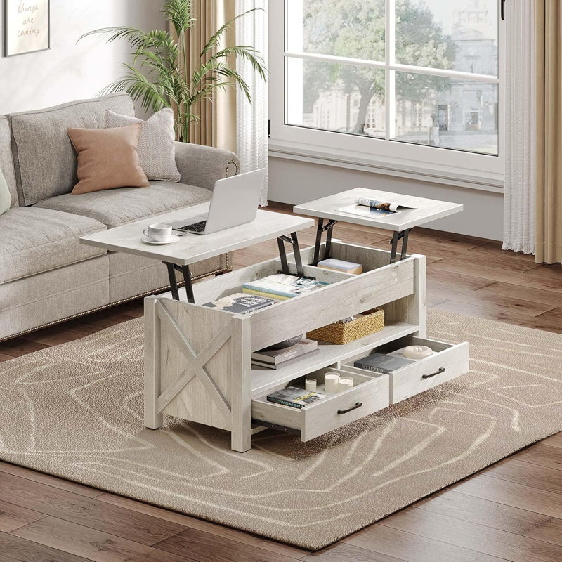 Table basse à plateau relevable avec tiroirs de rangement et compartiment caché, table de centre de ferme à double fonction avec hauteur réglable pour le salon