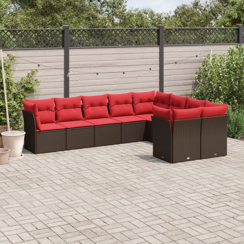 Latitude Run® 9 Piece Patio Sofa Set With Cushions Black Poly Rattan, Red, Gray