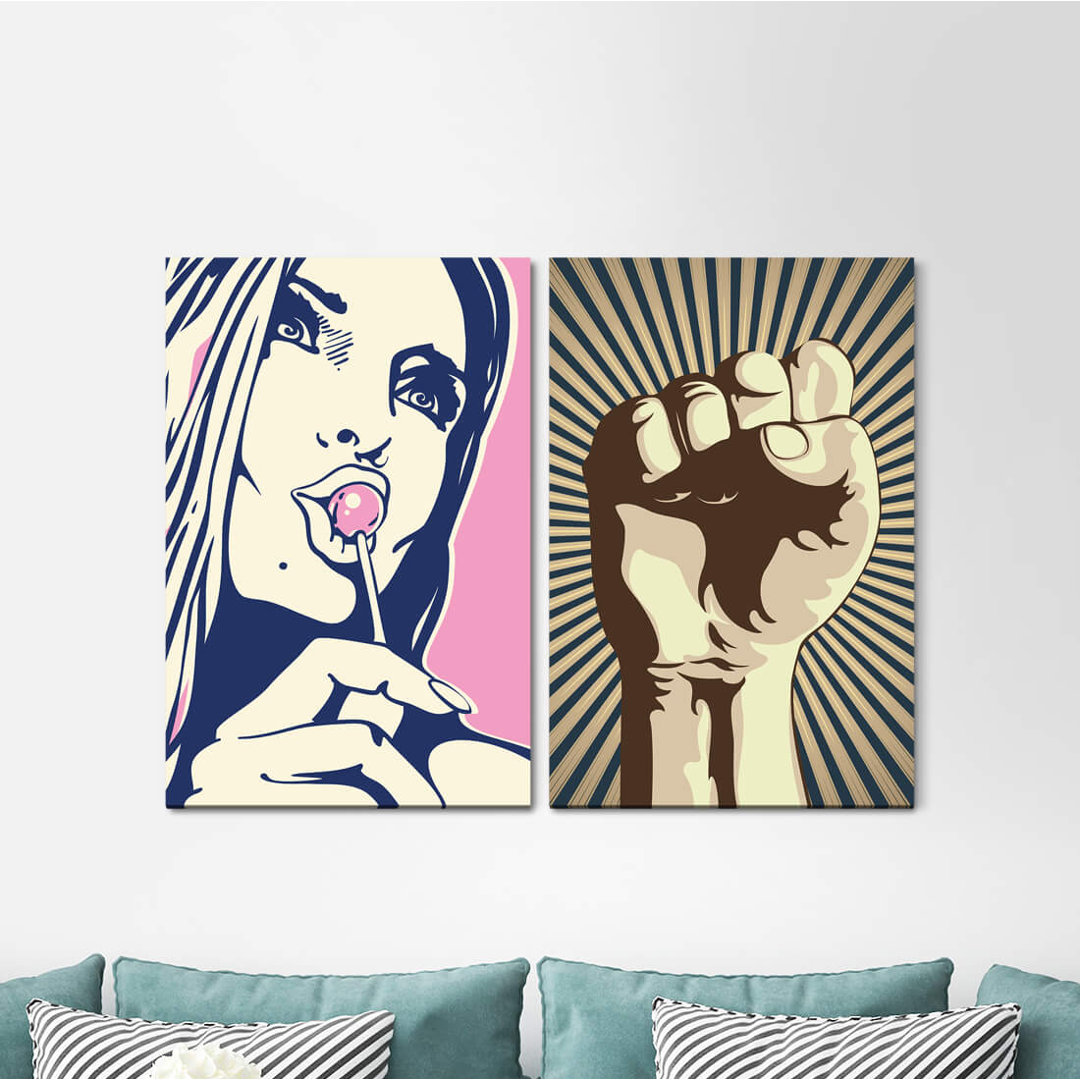 2-tlg. Leinwandbilder-Set - Grafikdruck „Revolution Fist PopModern Girl Pink”