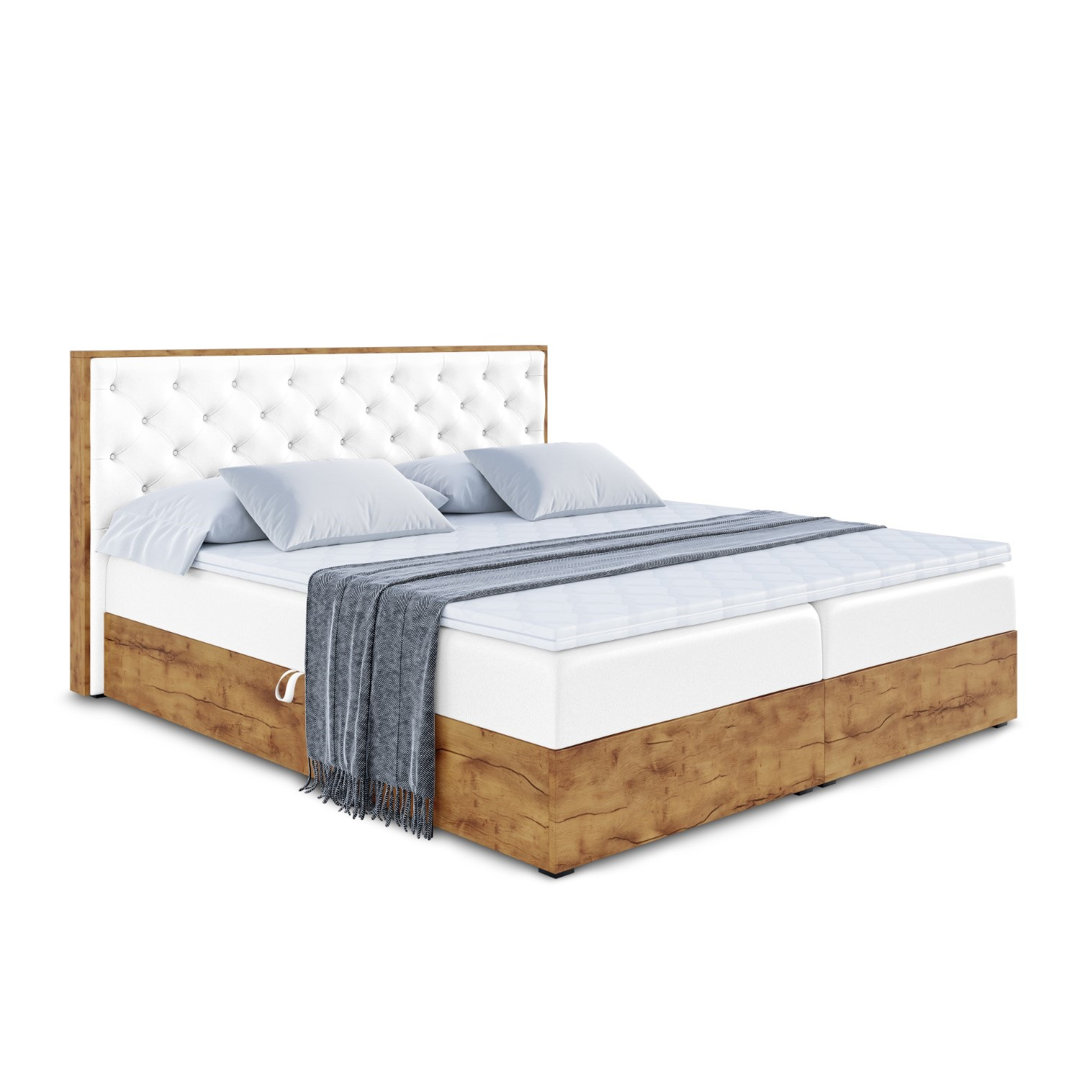 Boxspringbett in Holz- und Kunstlederoptik mit H4 Multipocket-Matratze, Bettkasten und Topper