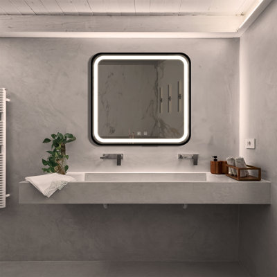 Miroir de meuble-lavabo de salle de bain 32 po x 32 po avec fond de panier, cadre en alliage d'aluminium noir, luminosité élevée, tactile à intensité variable, contrôle de l'interrupteur mural, antibuée, réglable IRC 95 3000K-4500K-6000K, IP54 Wat