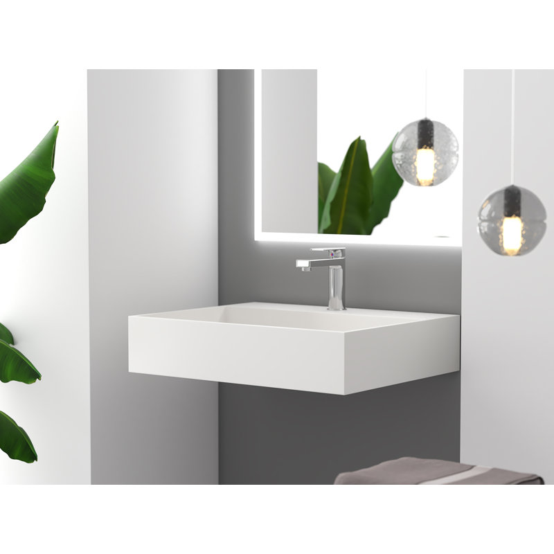 Juniper 24" Solid Surface Wall Mount Modern Minimalist Bathroom Sink and LED Mirror Set, White