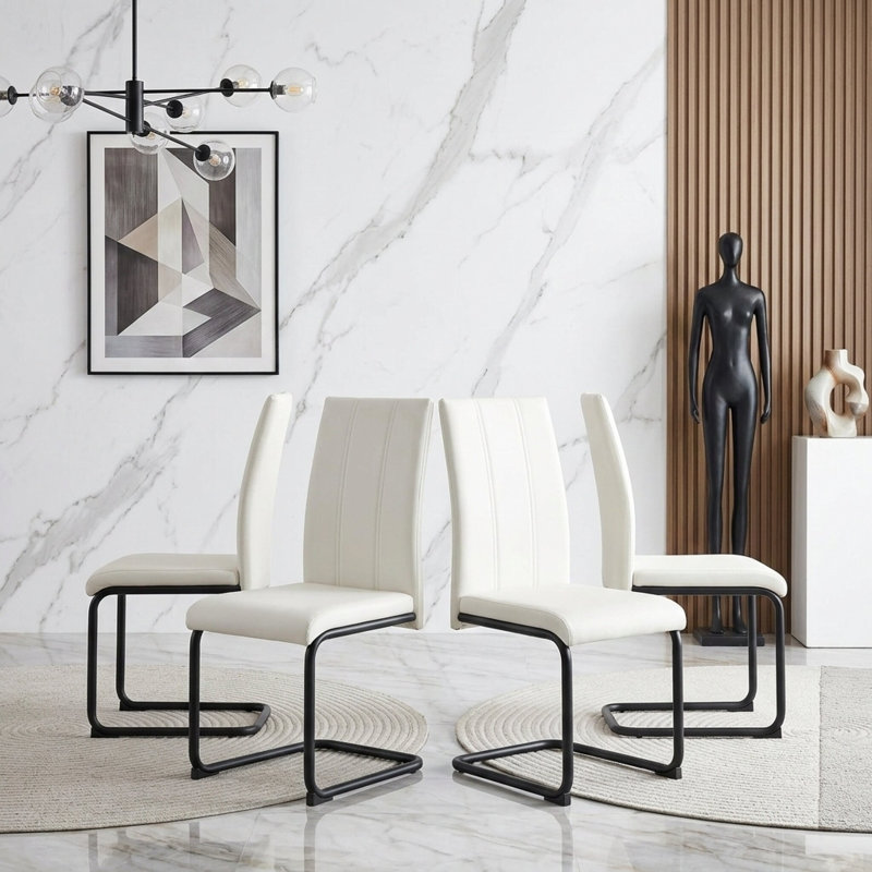 Chaises de salle à manger modernes en similicuir avec pieds en porte-à-faux en métal , 4, Blanc, Noir