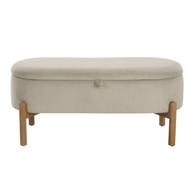 Mid-Century Style Taupe Storage Seat With Solid Wood Legs And Foam Plywood Bench Corduroy Support