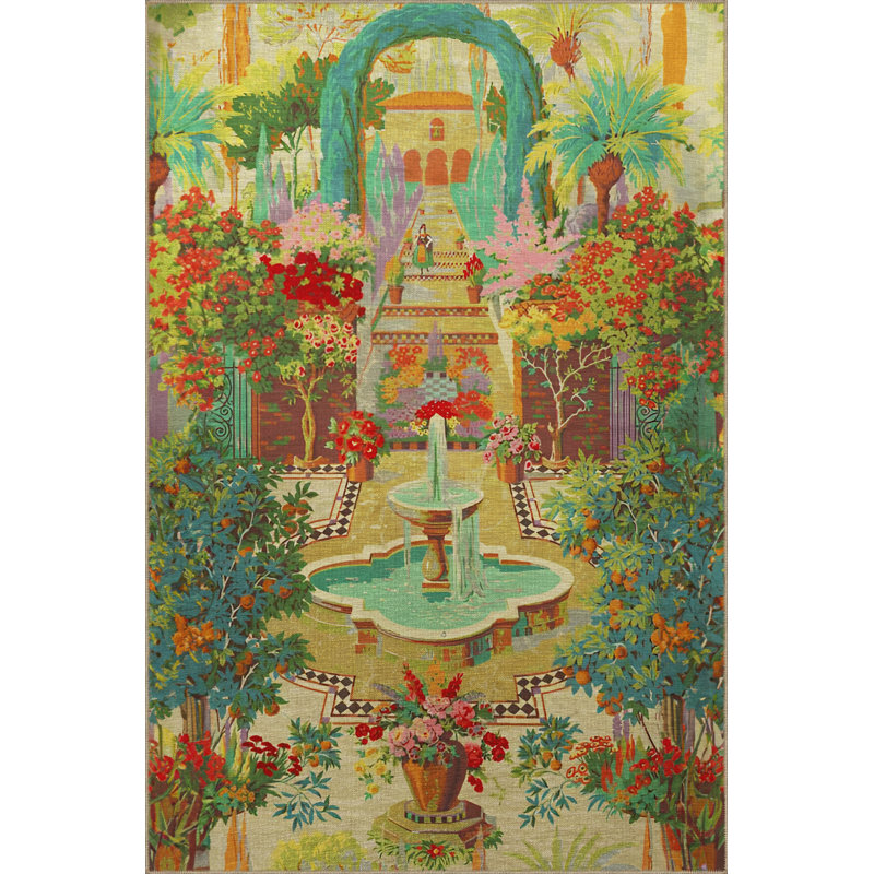 Tapis multicolore à motif de fontaine et d'arbre à motif de jardin Sarah, Rectangle 4 pi 7 po x 6 pi 7 po