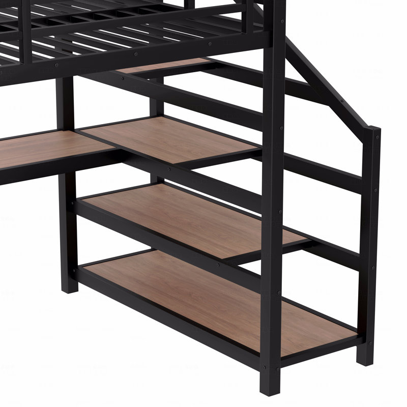 Structure de lit double pleine grandeur avec bureau et avec escalier de rangement, cadres de lit mezzanine en métal avec lumières à DEL, avec ports de charge USB, filets en fer multifonctionnels et silencieux, finition noire