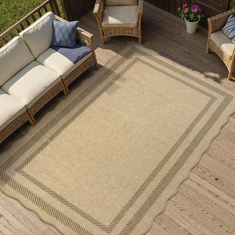 Scalloped Easy Outdoor Rug, Washable Non-Slip Geometri Tan Rugs For Entryway, Indoor Outdoor Farmhouse Rug Morden Carpet Door Mat Area Rug For Bedroom Living Room Kitchen