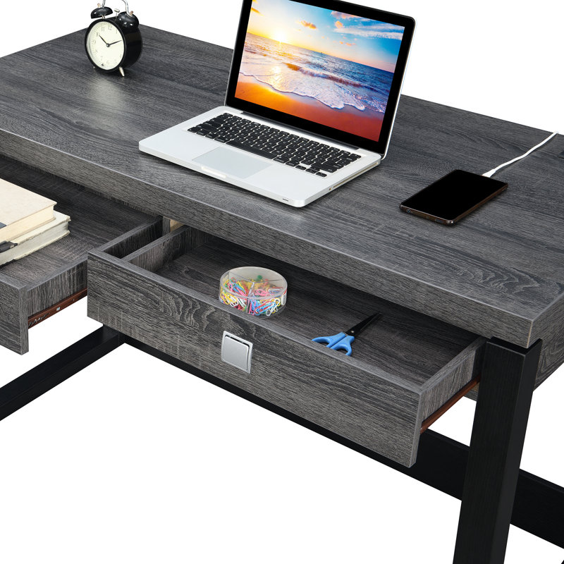 Sarhan Writing Desk with Power Outlet, Weathered Grey / Black