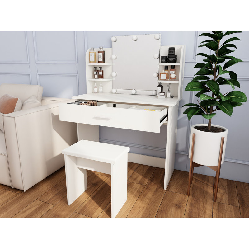 One Drawer Adjustable Mirror Vanity Table, Storage For Cosmetic Brushes, Comfortable Seating, Sleek Design, Ancient White Finish, Particle Board + , 35.02 In Depth Dresser Drawer, Open Shelves, 67.68