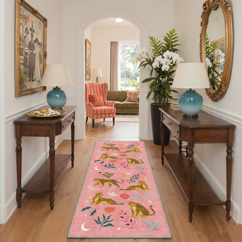 Abraham Spottedia Animal Print Machine Washable Pink / Yellow Indoor Area Rug with Non-Slip Backing, Runner 2' x 6'