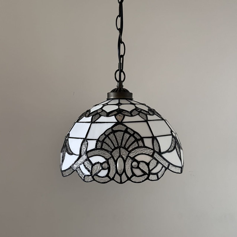 White Stained Glass Bronze LED Pendant Light, 60" Height