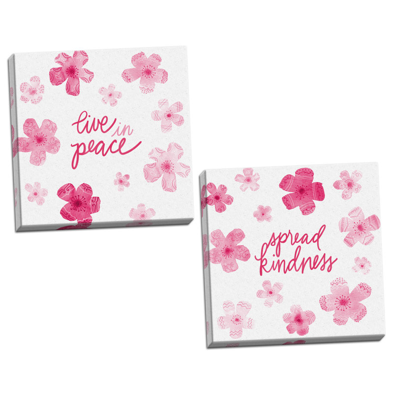 Ensemble d'art textuel 2 pièces "Spread Kindness and Live In Peace Floral" rose et blanc, H 12 po x l 12 po x P 0,75 po