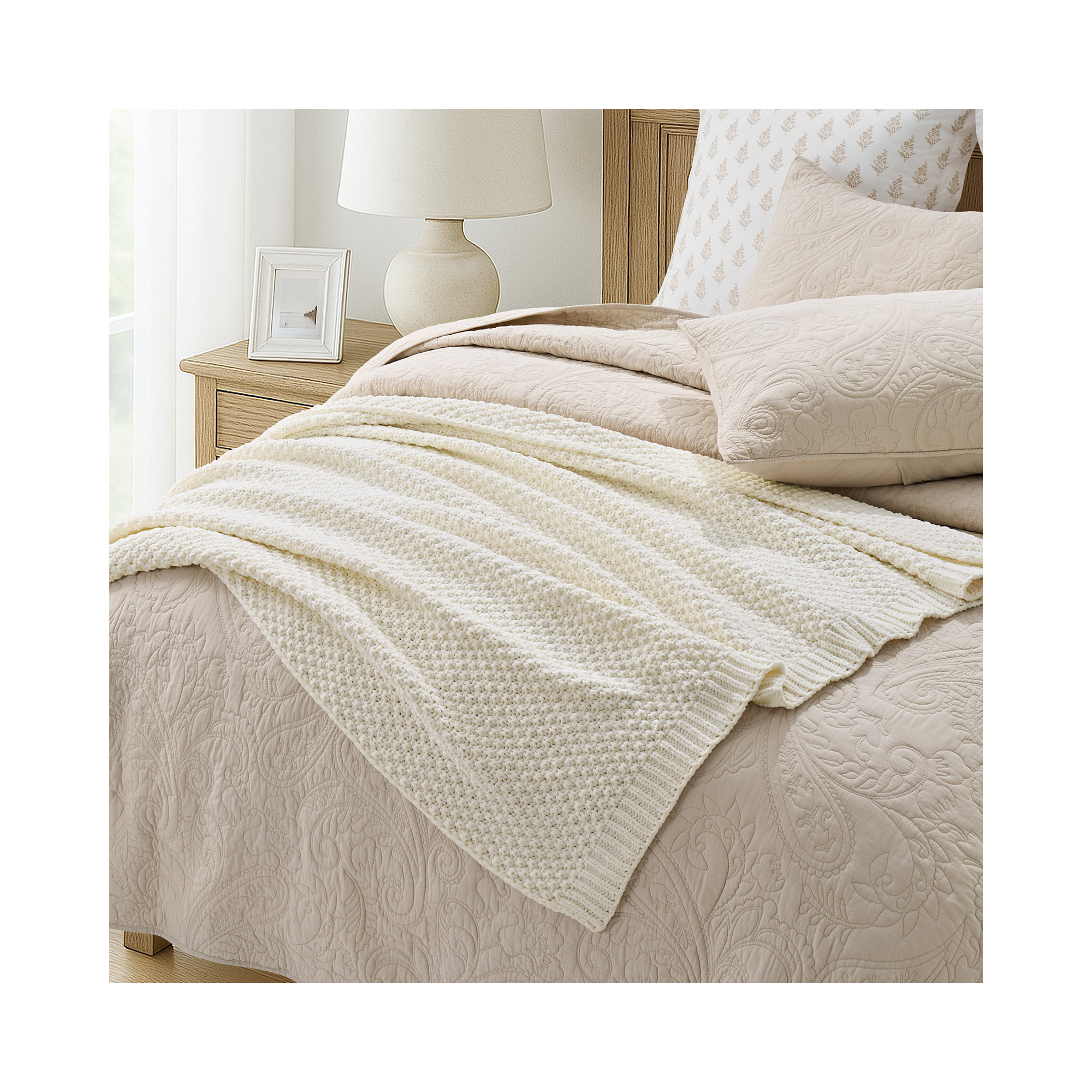 Chunky Chenille Knit Throw Blanket, Ivory White, 80" L x 60" W