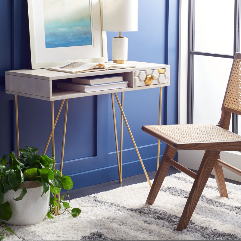 Bureau en bois massif Kershaw, Blanc délavé / mélange blanc délavé / laiton, Or