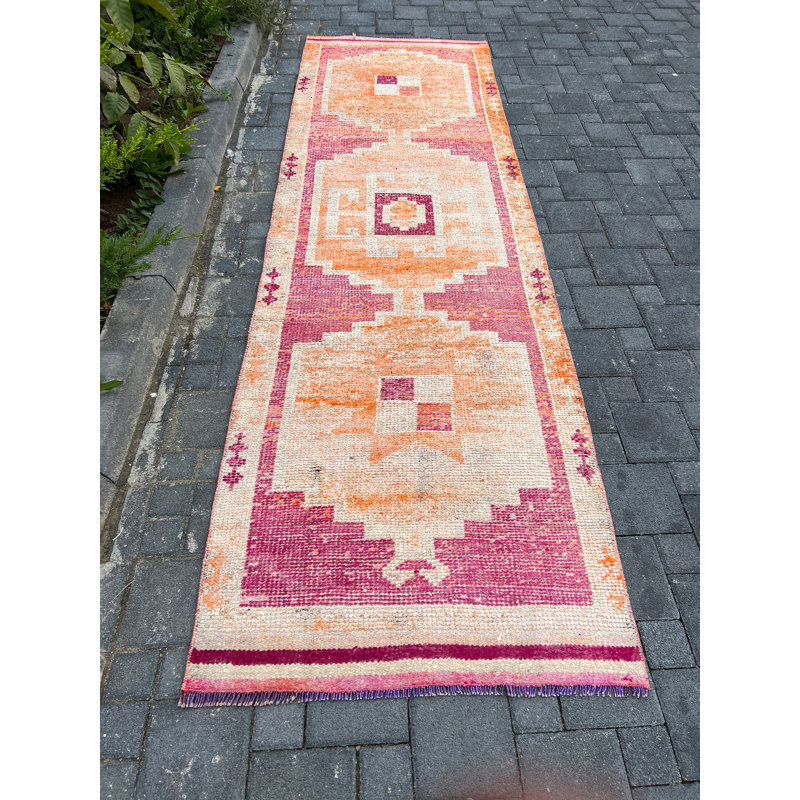 Tapis de couloir rétro en laine orange géométrique 3,2 x 10,7 pi