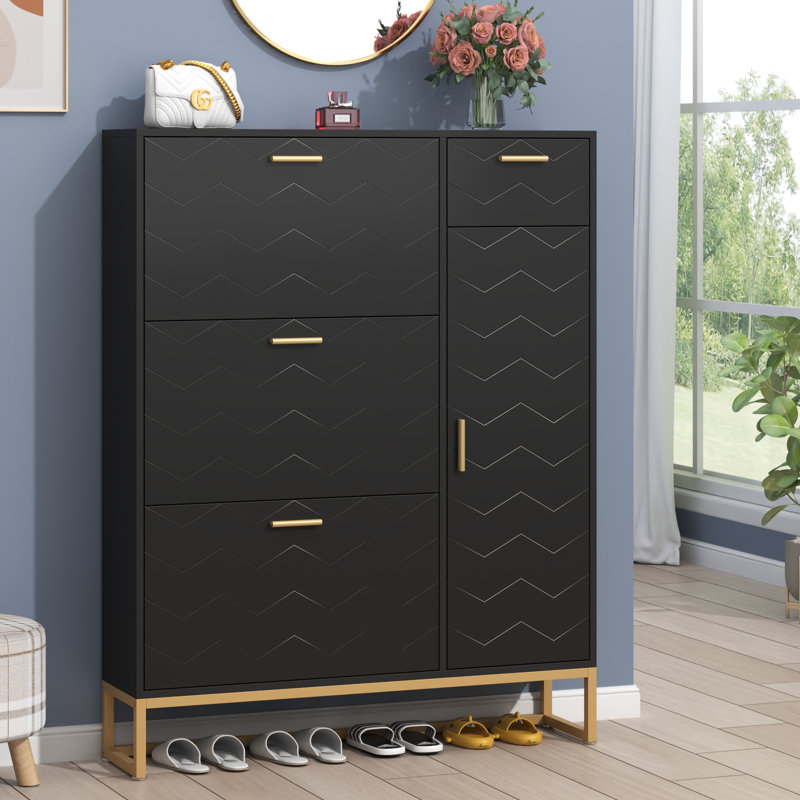 Black Modern MDF Shoe Storage Cabinet with Gold Handles