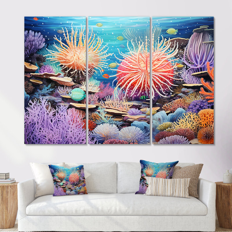 «Blue and Mauve Crown of Anemone - Coastal Coral Under Water», ensemble d'art mural, Toile tendue, H 28 po x l 36 po x P 1 po