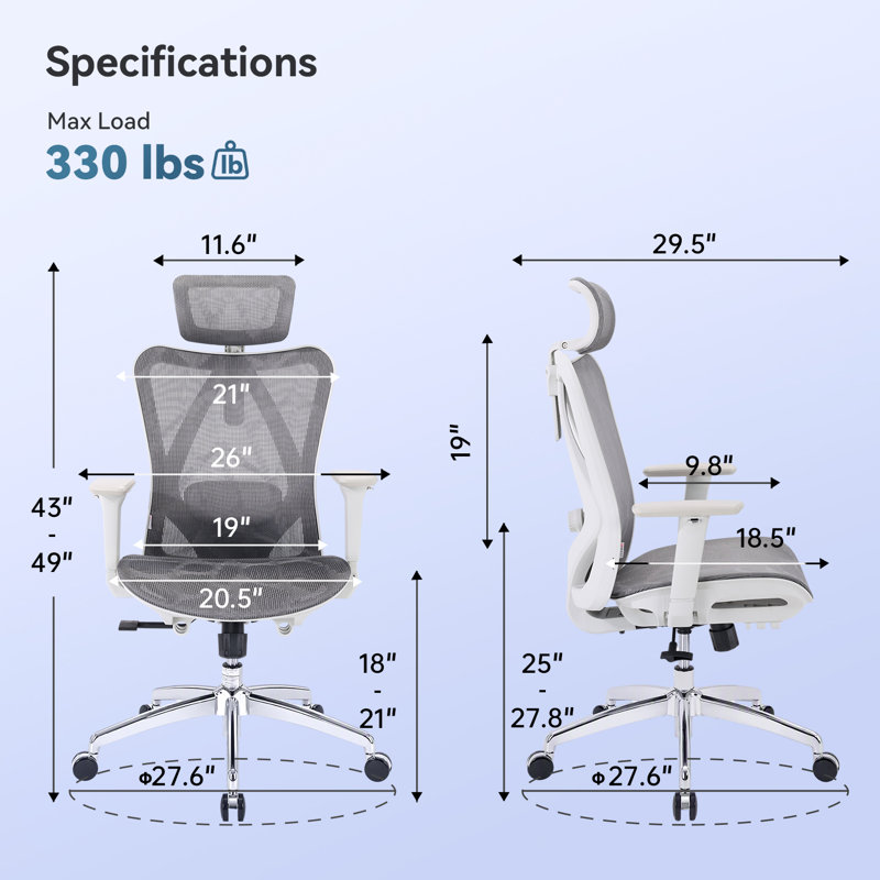Fauteuil de travail ergonomique à dossier haut en maille, grand et grand, confortable et confortable pour 300 lb, Gris clair