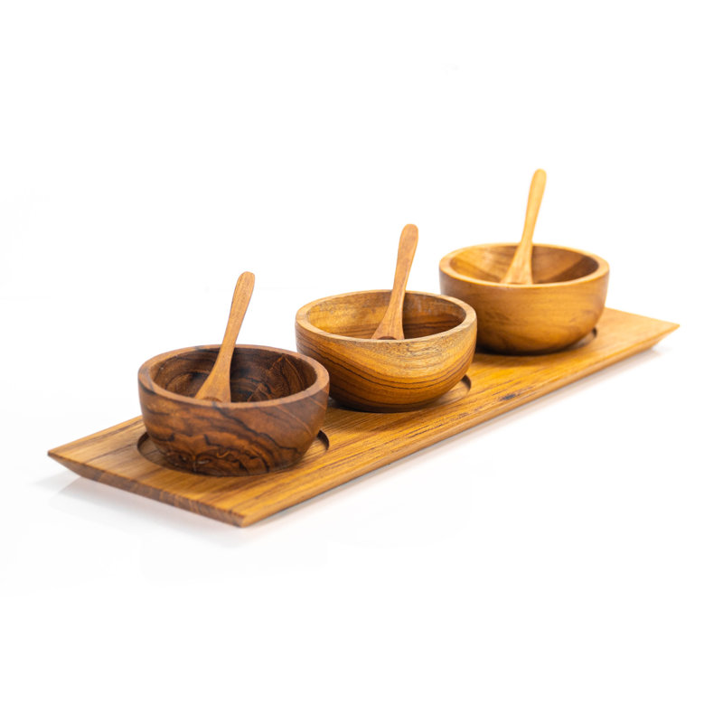 Handcrafted Teak Wood Condiment Bowl Set with Tray