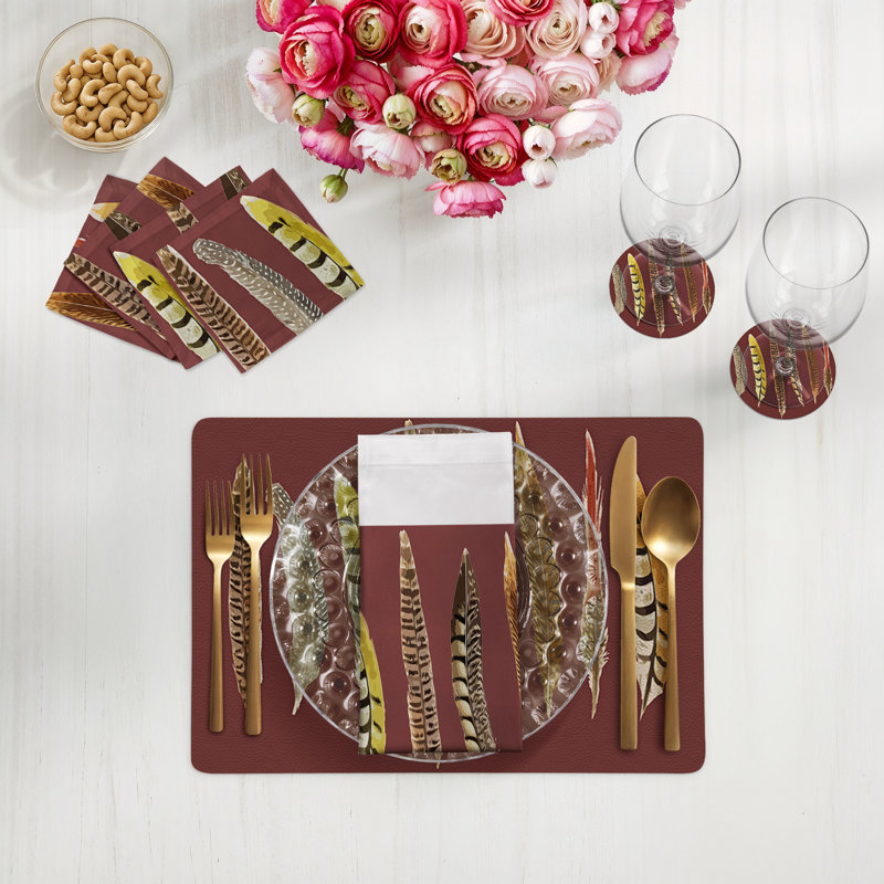 Pheasant Feathers Vegan Leather Rectangle Pebble Placemat, Porto