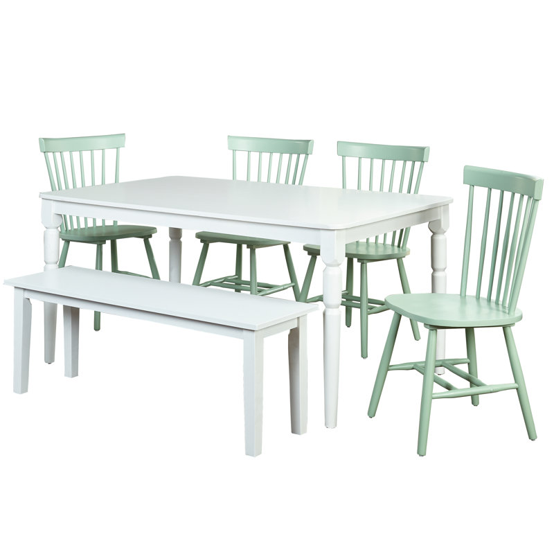 Aulii 6 - Piece Rectangle Table, Bench, Windsor Chairs Dining Set, Mint