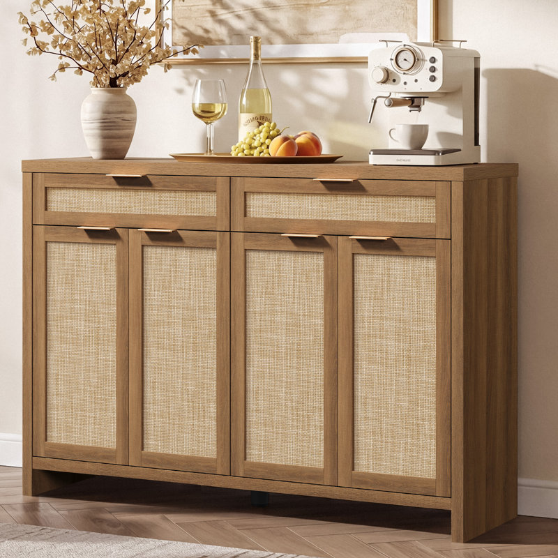 Buffet Consiglia en rotin de 150 cm (59 po) avec 2 tiroirs et 4 portes, tablettes réglables, Reclaimed Caramel Oak, 1