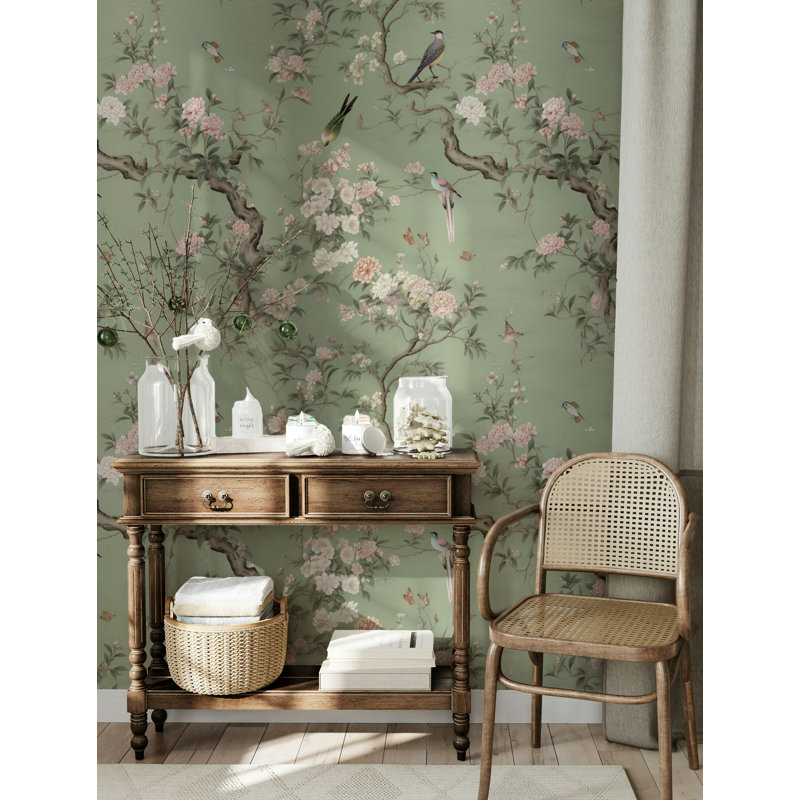 Sage Floral Bird Chinoiserie Wallpaper, 37" L  x 56" W