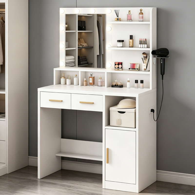 Coiffeuse de maquillage, bureau de maquillage avec miroir, coiffeuse avec 2 tiroirs et armoires, coiffeuse pour chambre à coucher