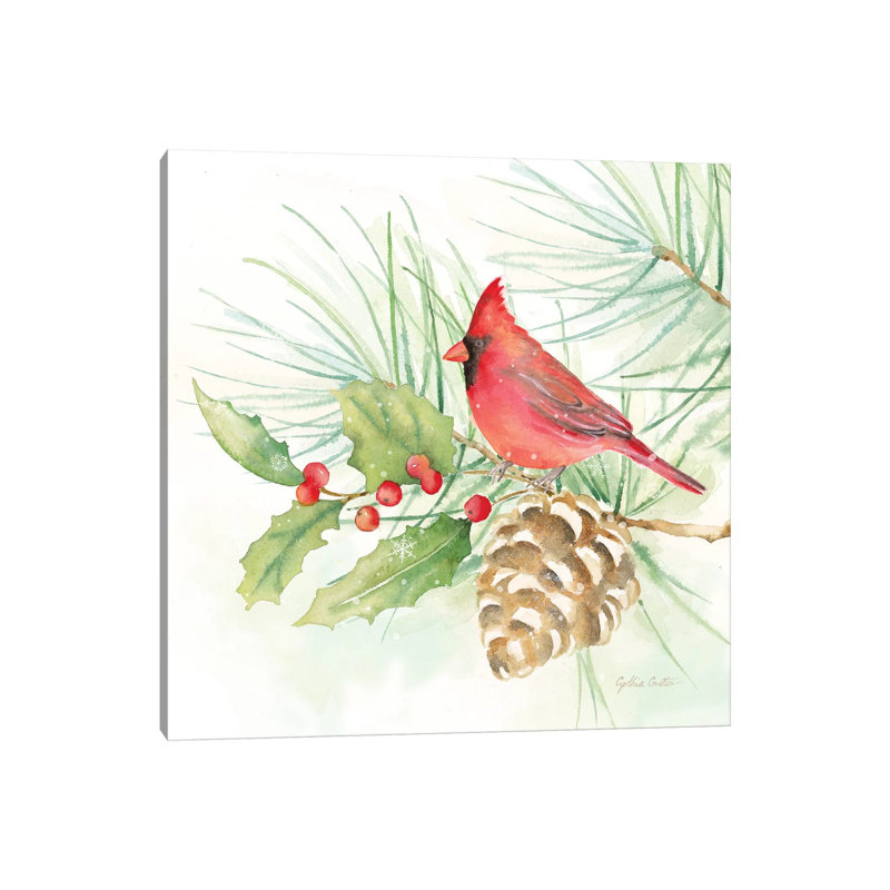 «Winter Birds - Cardinal» par Cynthia Coulter, reproduction d'art sur toile tendue, H 12 po x l 12 po x P 0,75 po