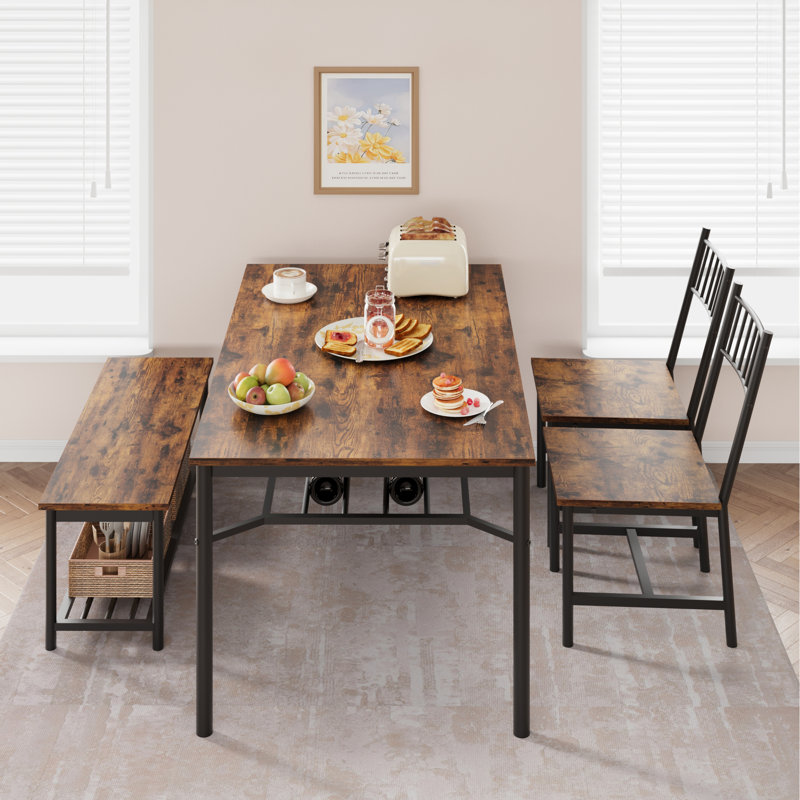 Ensemble de table de salle à manger compacte avec banc de rangement et support à vin - Table rectangulaire et chaises pour 4 - Structure en métal robuste - Idéal pour les petits appartements ou studios