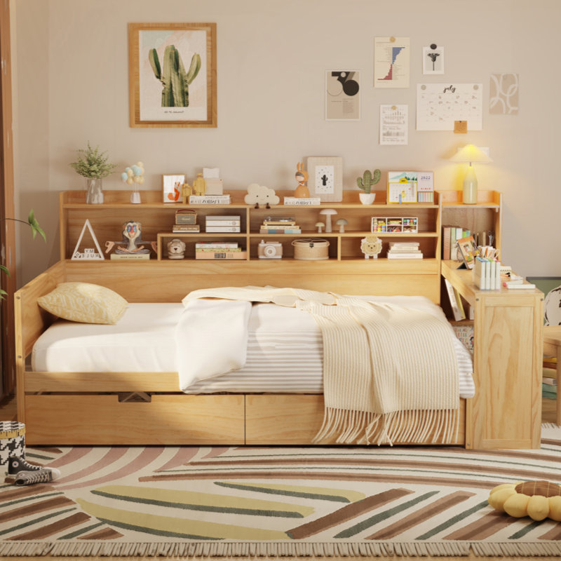 Lit de jour en bois avec tablettes de rangement, lit multifonctionnel avec deux tiroirs de rangement et bureau d'étude