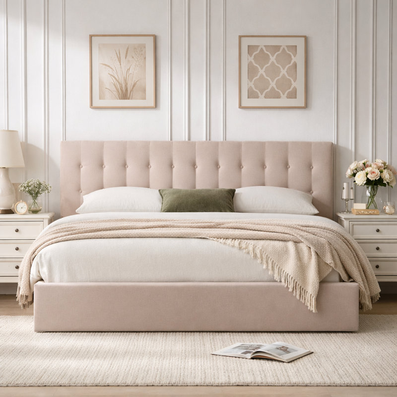 Lit plateforme tapissier avec rangement Arcadia, Kaki, Très grand