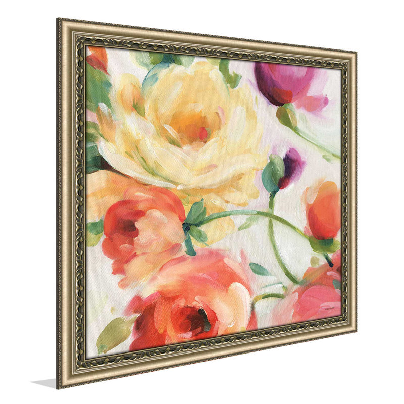 «Florabundance III», reproduction de peinture acrylique, H 21,5 po x l 21,5 po x P 0,75 po, Encadrement champagne