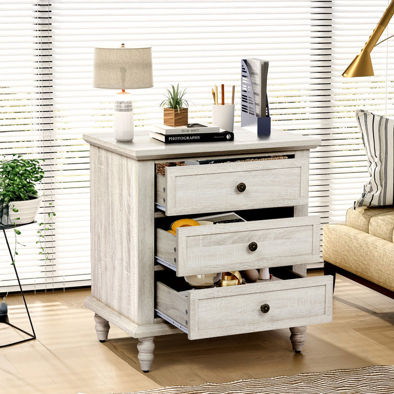 Nightstand With 3 Drawers P2 Particleboard With 3D Paper Finish + Solid Wood Legs 1 Piece, White
