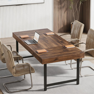 Small Conference Table for Office, Industrial 55-Inch Rectangular Meeting Table with Metal Frame
