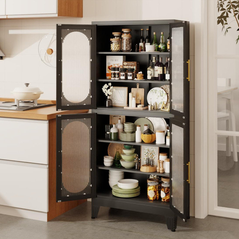 Metal Accent Storage Cabinet Tall with 4 Acrylic Glass Doors 4 Adjustable Shelves for  Kitchen, Laundry Room, Living Room