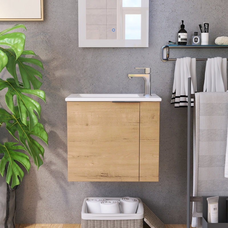 22" Wall-Mounted Single Bathroom Vanity With Ceramic Basin Sink Top, Floating Vanity with 1 Door, Imitative Oak