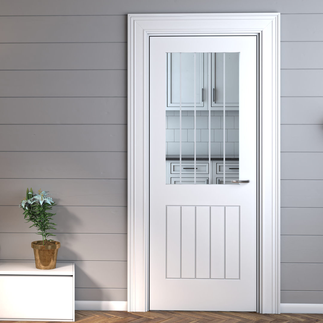 Cottage Deluxe White Clear Glass with Frosted Lines - Prefinished Internal Door - 762 x 1981 x 35mm (WxHxT)
