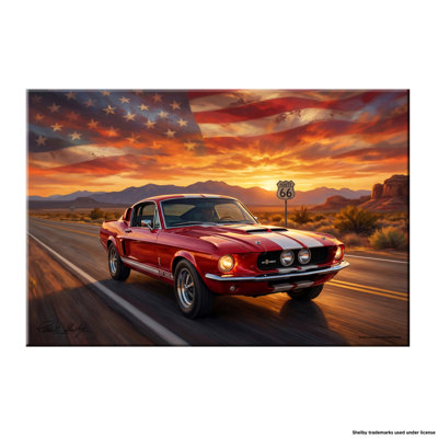 Carroll Shelby Red Sports Coupe Desert Highway American Flag Landscape Canvas Wall Art