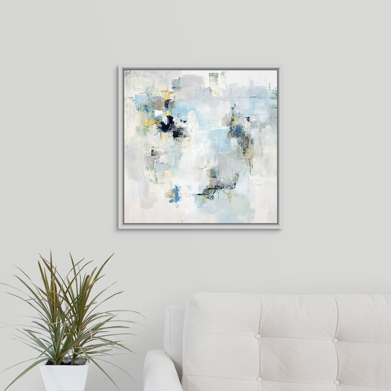«Here and There», peinture sur toile, H 21,7 po x l 21,7 po x P 1,75 po, Cadre flottant blanc