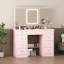 Commode de coiffeuse rose mat avec miroir lumineux à DEL et boutons en cristal