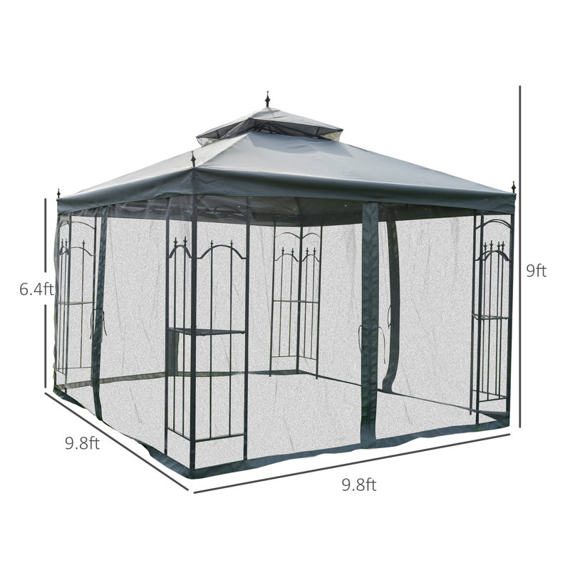 Gray Steel Patio Gazebo with Mesh Curtains and Shelves