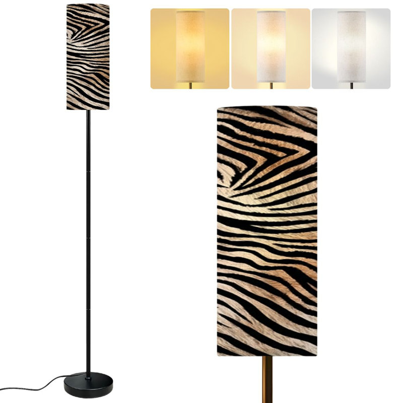  68.5" Standing Floor Lamp seamless zebra skin hand drawn Dimmable Metal Pole Lamp with Linen Lampshade LED Bulb Included