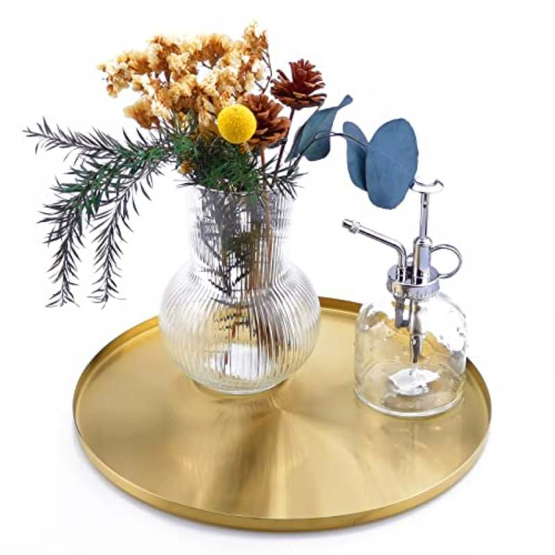 Gold Tray, Round Brass Serving Platter, Bar Circle Decorative Plate, Coffee Table Metal Decor Dishes, Brushed Hammered Coasters, Counter Bathroom Kitchen Dessert Cart Display Food, 12 Inch