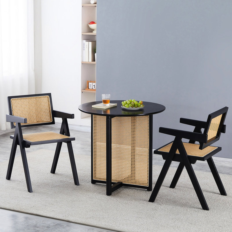 2 chaises noires avec accoudoirs, en bois d'hévéa massif avec tissage, léger et chaises de salle à manger en noir, fabriquées à partir de tissage, look élégant