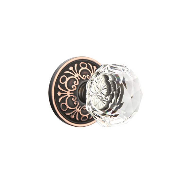 Ensemble de boutons de passage Emtek avec rosette Lancaster et bouton en verre Diamond, Bronze frotté à l'huile