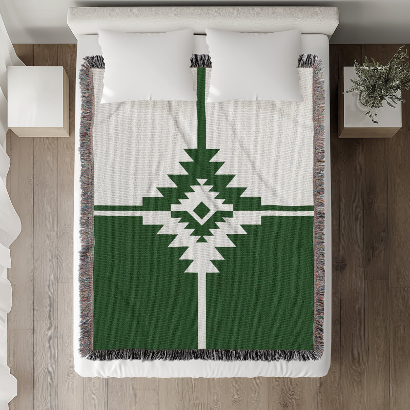 Jeté en mélange de coton Asko South Western, L 80 po x l 60 po, Vert / blanc cassé
